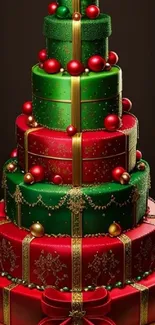 Vibrant Christmas-themed cake with green and red tiers, perfect for festive wallpaper.