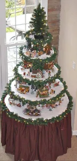 Tiered Christmas tree with mini village decorations.