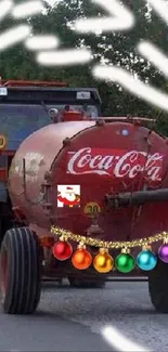 Coca-Cola tractor adorned with festive ornaments on a road.