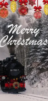 Festive train with Merry Christmas message and snowy trees