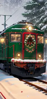 Green train with holiday wreath in snowy forest.