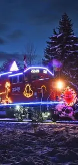 Festively lit train travels through snowy, winter night landscape.