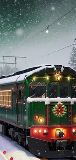 Festive train decorated in snow with Christmas lights.