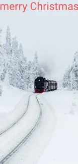 Snowy landscape with Christmas train and greeting text.