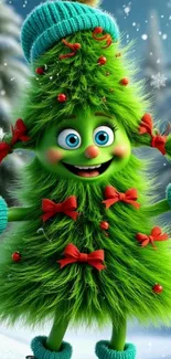 Bright green cartoon tree character in winter scene.