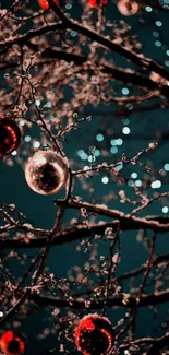 Festive tree branches with glowing ornaments and lights.