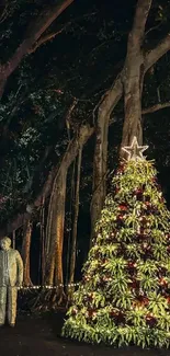 Night scene with festive Christmas tree in forest.