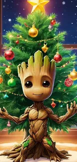 Festive animated tree character with Christmas background.