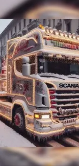 A snow-covered festive truck with lights in the city.