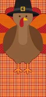 Colorful cartoon turkey with plaid background.