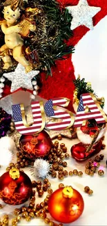 Festive USA-themed holiday wallpaper with red and gold Christmas decorations.