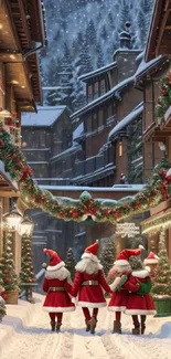 Festive village with snow, lights, and Santas walking.