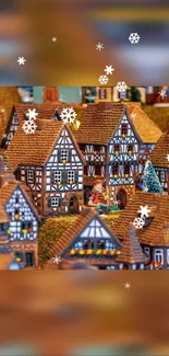 Festive village wallpaper with snowflakes and colorful houses.