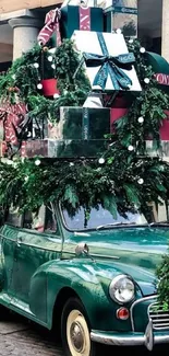 Vintage car with festive decorations and holiday gifts stacked on top.