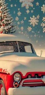 Snow-covered vintage truck with festive snowflakes.