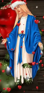 Festive Virgin Mary with blue cloak and hearts on a wooden background.