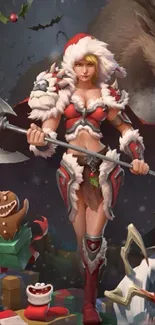 Fantasy warrior in festive Santa attire with holiday creatures.