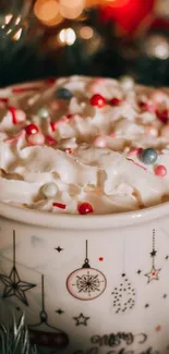 Festive cup with whipped cream and sprinkles.