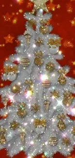 Festive white Christmas tree with gold ornaments and stars on a red background.