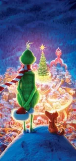 Grinch overlooking Whoville with a festive tree and colorful lights.