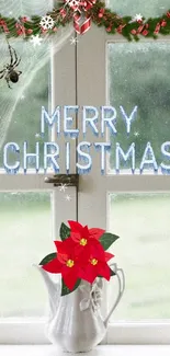 Festive window with Merry Christmas neon sign and poinsettia decorations.