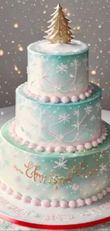 Festive three-tier winter cake with snowflakes and tree topper.