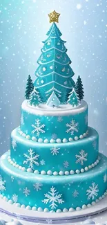 Three-tier winter cake with turquoise icing and snowy design.