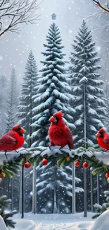 Three red cardinals in a snowy winter forest.