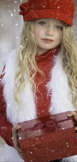 Child in red with gift in a snowy winter setting.