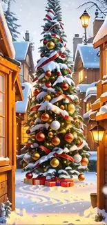 Charming snowy village with Christmas tree.