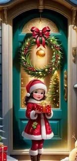 Festive Christmas door scene with child holding gift.