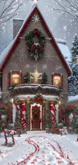 Festive holiday house in a snowy winter scene with decorations.