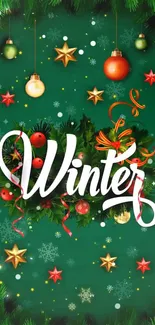 Festive winter holiday wallpaper with green background and ornaments.