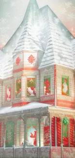 Festive snow-covered house with Christmas decor.