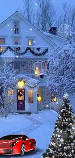 Snowy house with a Christmas tree and red car in winter.