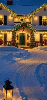 Holiday house with lights and snow-covered driveway.