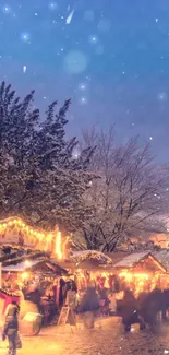 Winter market scene with festive lights and falling snow.