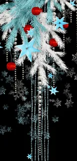 Festive winter mobile wallpaper with blue branches, red ornaments, and stars.