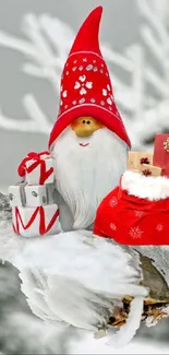 Whimsical Santa on snowy branch with gifts in winter wonderland.