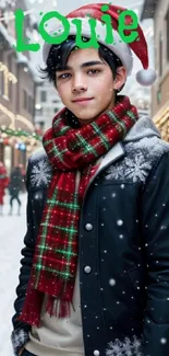 Young person in festive winter attire with scarf.