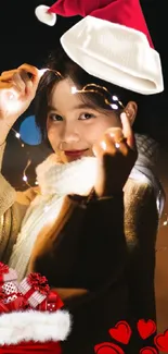 Young woman with festive lights and Christmas decorations.