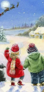 Children in winter attire watching Santa's sleigh in a snowy landscape.