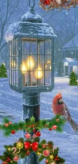 Snowy night scene with lantern, cardinal, Christmas decorations.