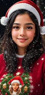 Happy girl in Santa hat with festive sweater, holiday background.