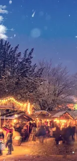 Festive winter market scene with lights and snow.