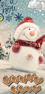 Snowman in a festive winter setting with snowy backdrop.