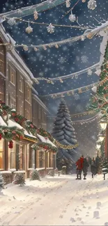 Cozy winter street with festive decor and snow-covered path, perfect for holiday spirit.