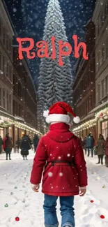 Child in red coat walking down festive snow-covered street.