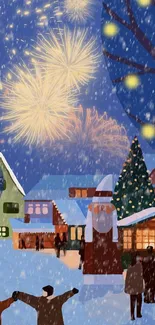 Festive winter village with fireworks and snow on a mobile wallpaper.