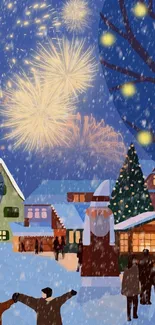 Festive winter village with fireworks and snow-covered landscape.